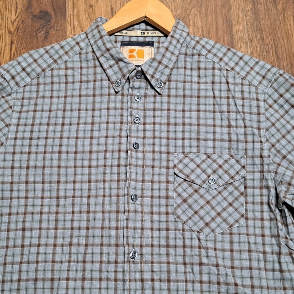 Hugo  Boss Orange Label Men's Button Down Shirt Gray Brown Check Size XL - Picture 3 of 7